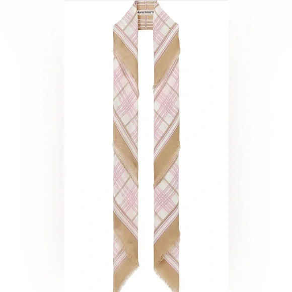 Burberry Check Wool & Silk Gauze Scarf- Archive Beige and Cherry - Picture 4 of 8